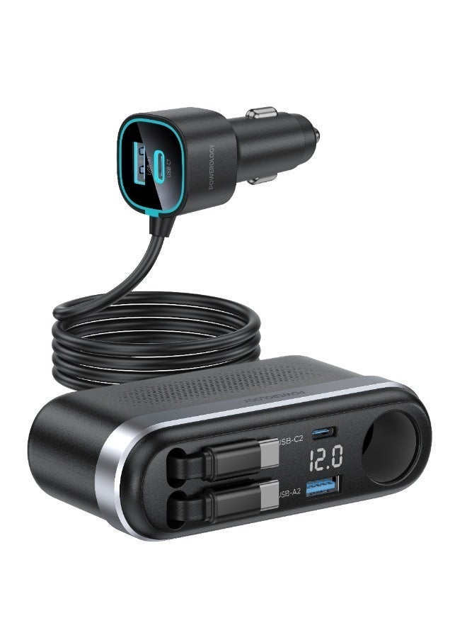 باورولوجي شاحن سيارة متعدد المنافذ من Currnex بقوة 60 واط مع كابل USB-C قابل للسحب بطول 75 سم، ومحول قابس سيارة، وشحن سريع PD بقوة 30 واط وQC بقوة 30 واط، وشحن متزامن، وشاشة LED لعرض الجهد، وشحن متعدد المنافذ، وكابل قابل للتمديد بطول 1.5 متر مرفق - أسود - Image 1